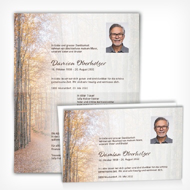 Trauerkarte Herbstwald und stillem Weg, mit Text