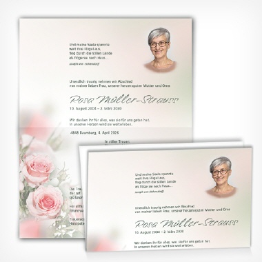 Trauerkarte Rosengarten zartrosa mit Texteindruck