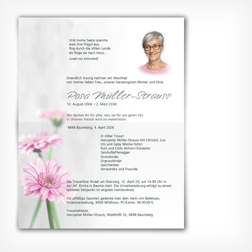 Trauerkarte Gerbera mit Texteindruck