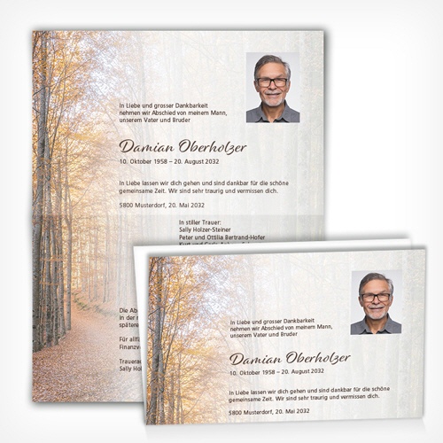 Trauerkarten Herbstwald mit individuellem Text
