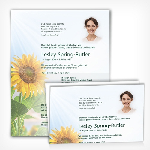 Trauerkarte Sonnenblume mit Texteindruck