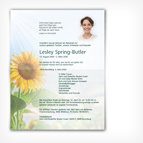 Trauerkarte Sonnenblume im warmen Licht, mit Text, 178 x 225 mm